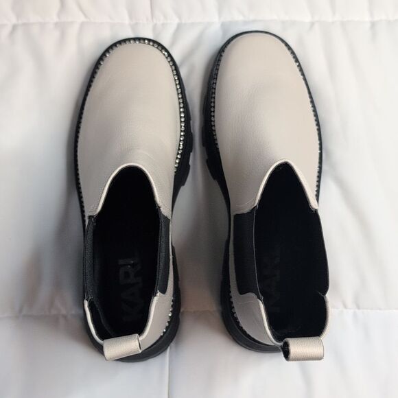Karl Lagerfeld Size 9 Mayde Cream Leather And Rhinestone Trimmed Boots, NEW - Picture 11 of 14